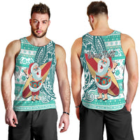 Custom Hawaii Mele Kalikimaka Men Tank Top Santa Claus Surfing with Hawaiian Pattern Striped Turquoise Style LT03 - Polynesian Pride