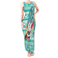 Custom Hawaii Mele Kalikimaka Tank Maxi Dress Santa Claus Surfing with Hawaiian Pattern Striped Turquoise Style LT03 Women Turquoise - Polynesian Pride