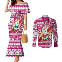 Hawaii Mele Kalikimaka Couples Matching Mermaid Dress and Long Sleeve Button Shirt Santa Claus Surfing with Hawaiian Pattern Striped Pink Style LT03 Pink - Polynesian Pride