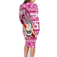 Hawaii Mele Kalikimaka Family Matching Long Sleeve Bodycon Dress and Hawaiian Shirt Santa Claus Surfing with Hawaiian Pattern Striped Pink Style LT03 - Polynesian Pride