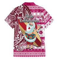 Hawaii Mele Kalikimaka Family Matching Off Shoulder Long Sleeve Dress and Hawaiian Shirt Santa Claus Surfing with Hawaiian Pattern Striped Pink Style LT03 - Polynesian Pride