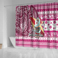 Hawaii Mele Kalikimaka Shower Curtain Santa Claus Surfing with Hawaiian Pattern Striped Pink Style LT03 - Polynesian Pride