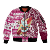 Hawaii Mele Kalikimaka Sleeve Zip Bomber Jacket Santa Claus Surfing with Hawaiian Pattern Striped Pink Style LT03 Unisex Pink - Polynesian Pride