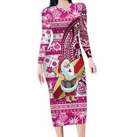 Custom Hawaii Mele Kalikimaka Long Sleeve Bodycon Dress Santa Claus Surfing with Hawaiian Pattern Striped Pink Style LT03 Long Dress Pink - Polynesian Pride