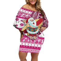 Custom Hawaii Mele Kalikimaka Off Shoulder Short Dress Santa Claus Surfing with Hawaiian Pattern Striped Pink Style LT03 Women Pink - Polynesian Pride