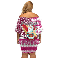 Custom Hawaii Mele Kalikimaka Off Shoulder Short Dress Santa Claus Surfing with Hawaiian Pattern Striped Pink Style LT03 - Polynesian Pride