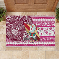 Custom Hawaii Mele Kalikimaka Rubber Doormat Santa Claus Surfing with Hawaiian Pattern Striped Pink Style LT03 - Polynesian Pride