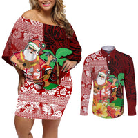 Hawaii Mele Kalikimaka Couples Matching Off Shoulder Short Dress and Long Sleeve Button Shirt Santa Claus and Hula Girl Tropical Folwer with Hawaiian Pattern LT03 Red - Polynesian Pride