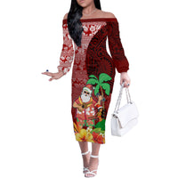 Hawaii Mele Kalikimaka Family Matching Off Shoulder Long Sleeve Dress and Hawaiian Shirt Santa Claus and Hula Girl Tropical Folwer with Hawaiian Pattern LT03 Mom's Dress Red - Polynesian Pride