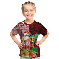 Hawaii Mele Kalikimaka Kid T Shirt Santa Claus and Hula Girl Tropical Folwer with Hawaiian Pattern LT03 Red - Polynesian Pride