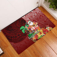 Hawaii Mele Kalikimaka Rubber Doormat Santa Claus and Hula Girl Tropical Folwer with Hawaiian Pattern LT03 Red - Polynesian Pride
