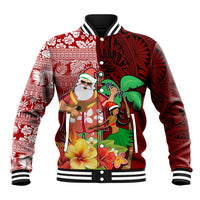 Custom Hawaii Mele Kalikimaka Baseball Jacket Santa Claus and Hula Girl Tropical Folwer with Hawaiian Pattern LT03 Unisex Red - Polynesian Pride