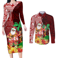 Custom Hawaii Mele Kalikimaka Couples Matching Long Sleeve Bodycon Dress and Long Sleeve Button Shirt Santa Claus and Hula Girl Tropical Folwer with Hawaiian Pattern LT03 Red - Polynesian Pride