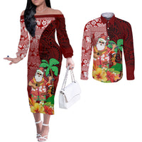Custom Hawaii Mele Kalikimaka Couples Matching Off The Shoulder Long Sleeve Dress and Long Sleeve Button Shirt Santa Claus and Hula Girl Tropical Folwer with Hawaiian Pattern LT03 Red - Polynesian Pride