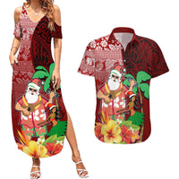Custom Hawaii Mele Kalikimaka Couples Matching Summer Maxi Dress and Hawaiian Shirt Santa Claus and Hula Girl Tropical Folwer with Hawaiian Pattern LT03 Red - Polynesian Pride