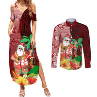 Custom Hawaii Mele Kalikimaka Couples Matching Summer Maxi Dress and Long Sleeve Button Shirt Santa Claus and Hula Girl Tropical Folwer with Hawaiian Pattern LT03 Red - Polynesian Pride