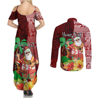 Custom Hawaii Mele Kalikimaka Couples Matching Summer Maxi Dress and Long Sleeve Button Shirt Santa Claus and Hula Girl Tropical Folwer with Hawaiian Pattern LT03 - Polynesian Pride