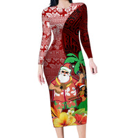Custom Hawaii Mele Kalikimaka Family Matching Long Sleeve Bodycon Dress and Hawaiian Shirt Santa Claus and Hula Girl Tropical Folwer with Hawaiian Pattern LT03 Mom's Dress Red - Polynesian Pride