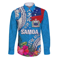 Personalised Samoa Coat Of Arms Family Matching Summer Maxi Dress and Hawaiian Shirt Tropical Flower Blue Polynesian Pattern LT03 Dad's Shirt - Long Sleeve Blue - Polynesian Pride