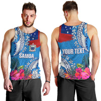 Personalised Samoa Coat Of Arms Men Tank Top Tropical Flower Blue Polynesian Pattern LT03 - Polynesian Pride