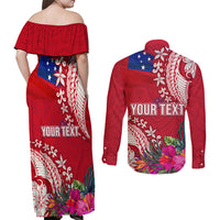 Personalised Samoa Coat Of Arms Couples Matching Off Shoulder Maxi Dress and Long Sleeve Button Shirt Tropical Flower Red Polynesian Pattern LT03 - Polynesian Pride