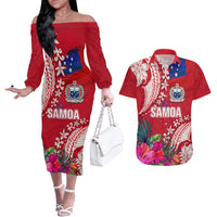 Personalised Samoa Coat Of Arms Couples Matching Off The Shoulder Long Sleeve Dress and Hawaiian Shirt Tropical Flower Red Polynesian Pattern LT03 Red - Polynesian Pride