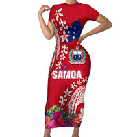 Personalised Samoa Coat Of Arms Family Matching Short Sleeve Bodycon Dress and Hawaiian Shirt Tropical Flower Red Polynesian Pattern LT03 Mom's Dress Red - Polynesian Pride