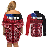 Samoa Flag Day Couples Matching Off Shoulder Short Dress and Long Sleeve Button Shirt Siapo Pattern and Ula Fala LT03 - Polynesian Pride