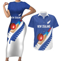 Custom New Zealand Cricket Couples Matching Short Sleeve Bodycon Dress and Hawaiian Shirt Kiwi Birds Haka Dance Blue Fern Sporty Style LT03 Blue - Polynesian Pride