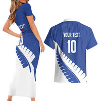 Custom New Zealand Cricket Couples Matching Short Sleeve Bodycon Dress and Hawaiian Shirt Kiwi Birds Haka Dance Blue Fern Sporty Style LT03 - Polynesian Pride
