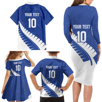 Custom New Zealand Cricket Family Matching Long Sleeve Bodycon Dress and Hawaiian Shirt Kiwi Birds Haka Dance Blue Fern Sporty Style