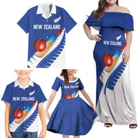 Custom New Zealand Cricket Family Matching Off Shoulder Maxi Dress and Hawaiian Shirt Kiwi Birds Haka Dance Blue Fern Sporty Style