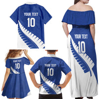 Custom New Zealand Cricket Family Matching Off Shoulder Maxi Dress and Hawaiian Shirt Kiwi Birds Haka Dance Blue Fern Sporty Style