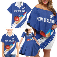 Custom New Zealand Cricket Family Matching Off Shoulder Short Dress and Hawaiian Shirt Kiwi Birds Haka Dance Blue Fern Sporty Style