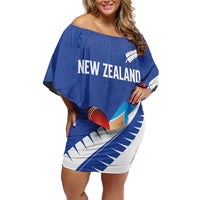 Custom New Zealand Cricket Family Matching Off Shoulder Short Dress and Hawaiian Shirt Kiwi Birds Haka Dance Blue Fern Sporty Style