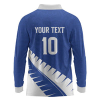 Custom New Zealand Cricket Long Sleeve Polo Shirt Kiwi Birds Haka Dance Blue Fern Sporty Style