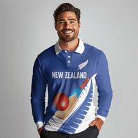 Custom New Zealand Cricket Long Sleeve Polo Shirt Kiwi Birds Haka Dance Blue Fern Sporty Style