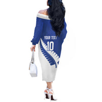 Custom New Zealand Cricket Off The Shoulder Long Sleeve Dress Kiwi Birds Haka Dance Blue Fern Sporty Style