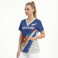 Custom New Zealand Cricket Scrub Top Kiwi Birds Haka Dance Blue Fern Sporty Style