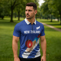 Custom New Zealand Cricket Zipper Polo Shirt Kiwi Birds Haka Dance Blue Fern Sporty Style