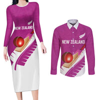 Custom New Zealand Cricket Couples Matching Long Sleeve Bodycon Dress and Long Sleeve Button Shirt Kiwi Birds Haka Dance Pink Fern Sporty Style