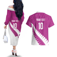 Custom New Zealand Cricket Couples Matching Off The Shoulder Long Sleeve Dress and Hawaiian Shirt Kiwi Birds Haka Dance Pink Fern Sporty Style