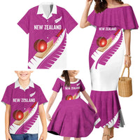 Custom New Zealand Cricket Family Matching Mermaid Dress and Hawaiian Shirt Kiwi Birds Haka Dance Pink Fern Sporty Style