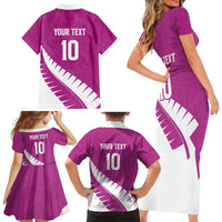 Custom New Zealand Cricket Family Matching Short Sleeve Bodycon Dress and Hawaiian Shirt Kiwi Birds Haka Dance Pink Fern Sporty Style