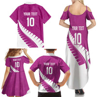 Custom New Zealand Cricket Family Matching Summer Maxi Dress and Hawaiian Shirt Kiwi Birds Haka Dance Pink Fern Sporty Style