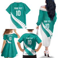 Custom New Zealand Cricket Family Matching Off The Shoulder Long Sleeve Dress and Hawaiian Shirt Kiwi Birds Haka Dance Turquoise Fern Sporty Style