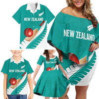 Custom New Zealand Cricket Family Matching Off Shoulder Short Dress and Hawaiian Shirt Kiwi Birds Haka Dance Turquoise Fern Sporty Style