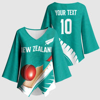 Custom New Zealand Cricket Kimono Sleeve Blouse Kiwi Birds Haka Dance Turquoise Fern Sporty Style