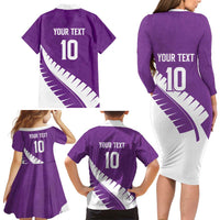 Custom New Zealand Cricket Family Matching Long Sleeve Bodycon Dress and Hawaiian Shirt Kiwi Birds Haka Dance Purple Fern Sporty Style LT03 - Polynesian Pride