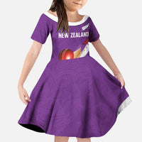 Custom New Zealand Cricket Family Matching Off The Shoulder Long Sleeve Dress and Hawaiian Shirt Kiwi Birds Haka Dance Purple Fern Sporty Style LT03 Daughter's Dress Purple - Polynesian Pride
